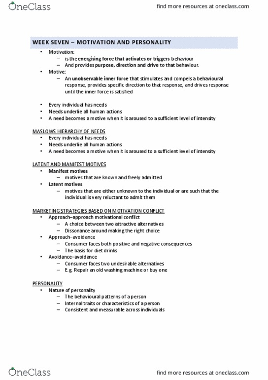 MKTG1050 Lecture Notes - Lecture 7: Conscientiousness, Washing Machine, Extraversion And Introversion thumbnail