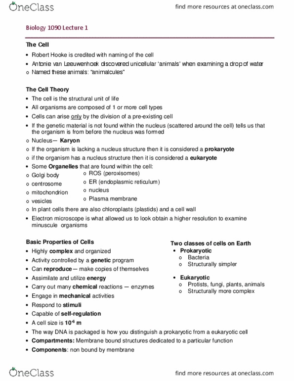 BIOL 1090 Lecture Notes - Lecture 1: Robert Hooke, Centrosome, Cell Theory thumbnail