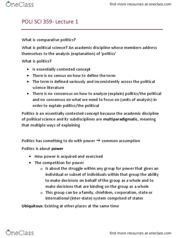 POLI 359 Lecture Notes - Lecture 1: Comparative Politics thumbnail
