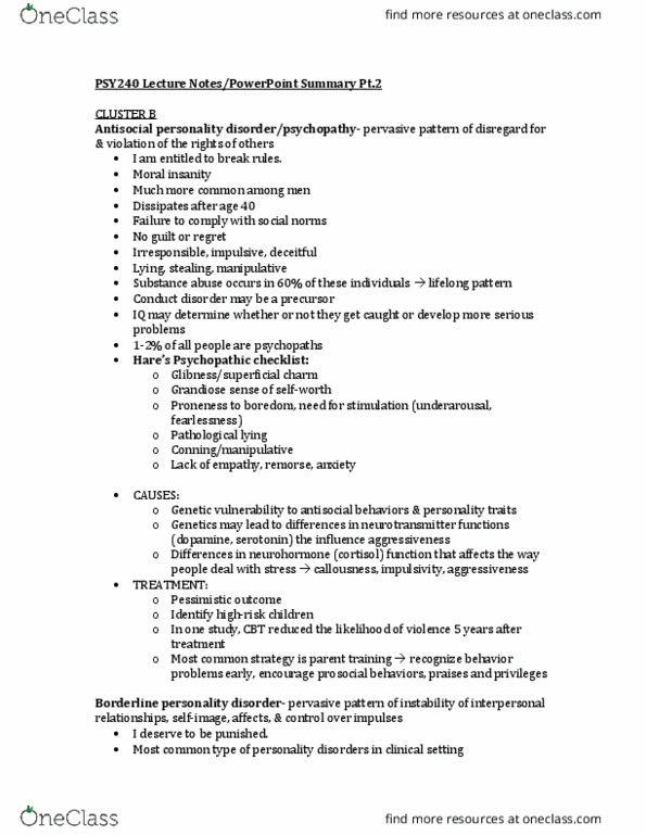 PSY 240 Lecture Notes - Lecture 27: Histrionic Personality Disorder, Narcissistic Personality Disorder, Dependent Personality Disorder thumbnail