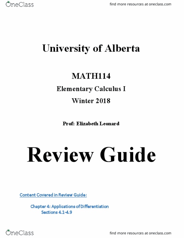 MATH114 Chapter Notes - Chapter Lectures 22-29: Minimax, Indeterminate Form, Inflection thumbnail