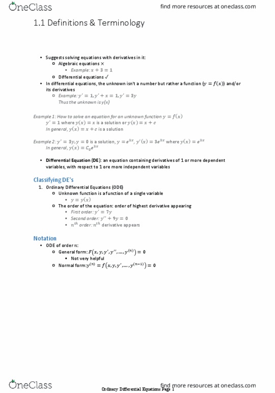 Applied Mathematics 2270A/B Chapter Notes - Chapter 1.1: Ordinary Differential Equation thumbnail