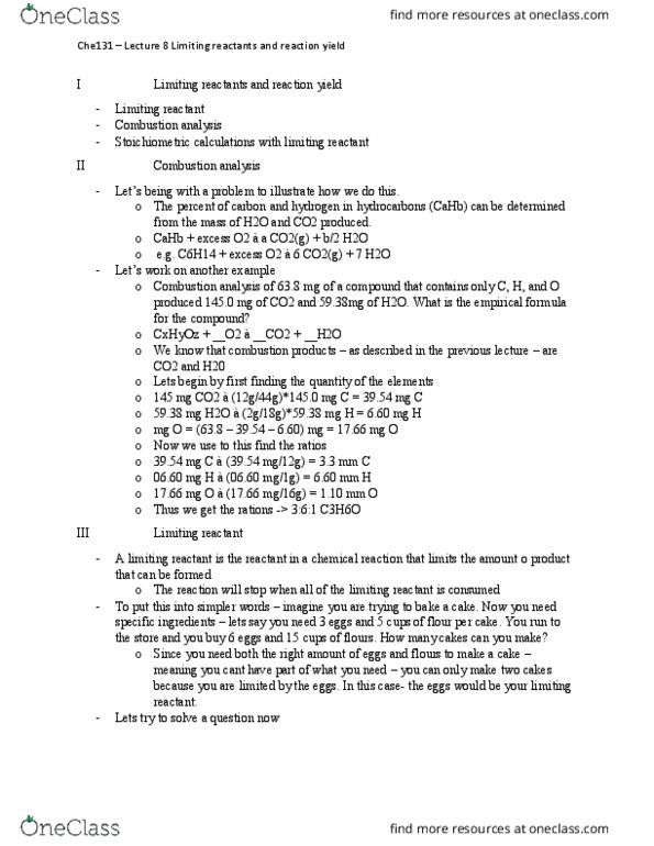 CHE 131 Lecture Notes - Lecture 8: Limiting Reagent, Combustion Analysis, Reagent thumbnail
