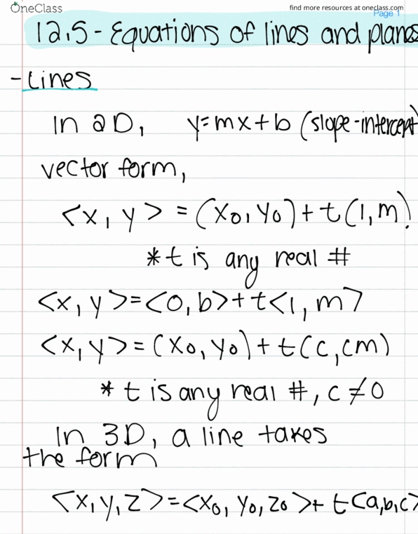 MAC-2313 Lecture 5: 12.5 - Equations of Lines and Planes thumbnail