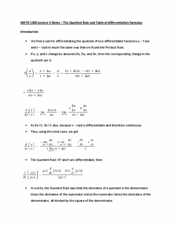 MATH 1300 Lecture 5: MATH 1300 Lecture 5 Notes – The Quotient Rule and Table of differentiation formulas cover image