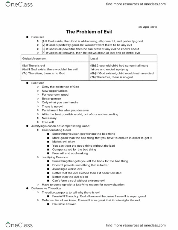 PHIL 1000 Lecture Notes - Lecture 13: Theodicy, Ontological Argument, Omnipotence thumbnail