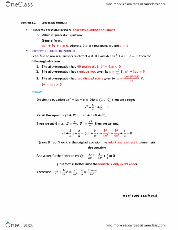 MAT102H5 Lecture Notes - Lecture 2: Quadratic Equation, Quadratic Formula thumbnail