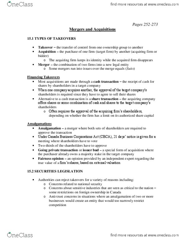 Management and Organizational Studies 1023A/B Chapter Notes -Canada Business Corporations Act, Takeover, Tender Offer thumbnail
