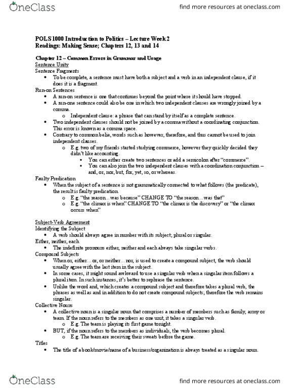 POLS 1000 Chapter Notes - Chapter 12: Semicolon, Gerund, Independent Clause thumbnail