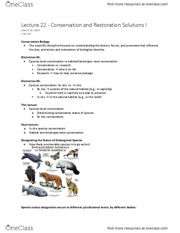 Biology 2485B Lecture Notes - Lecture 22: Ex Situ Conservation, Committee On The Status Of Endangered Wildlife In Canada, Not Evaluated thumbnail