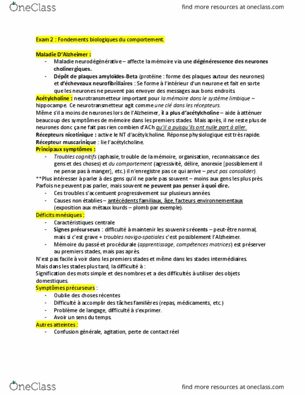 PSY 2701 Lecture 10: Fondements biologiques du comportement - note examen 2 thumbnail