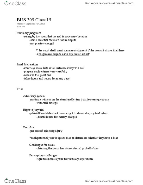 BUS 205 Lecture Notes - Lecture 15: Direct Examination, Jury Trial, Voir Dire thumbnail