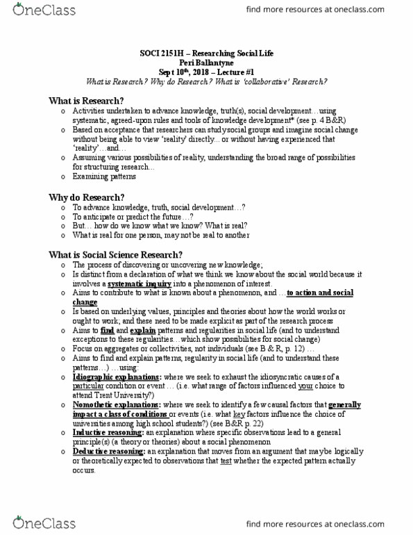 SOCI 2150Y Lecture Notes - Lecture 1: Inductive Reasoning, Deductive Reasoning, Nomothetic thumbnail