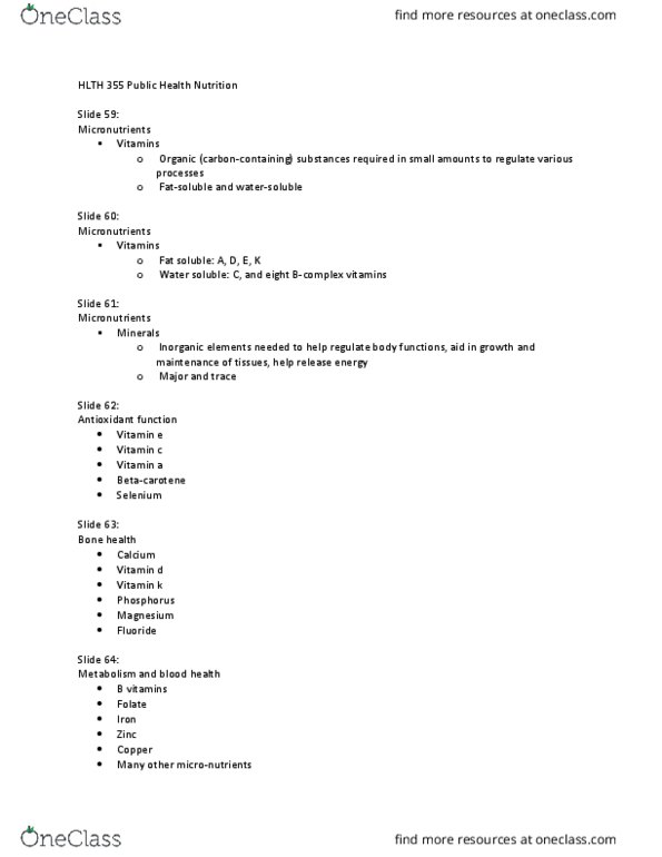 HLTH355 Lecture Notes - Lecture 11: Beta-Carotene, Magnesium, Folic Acid thumbnail