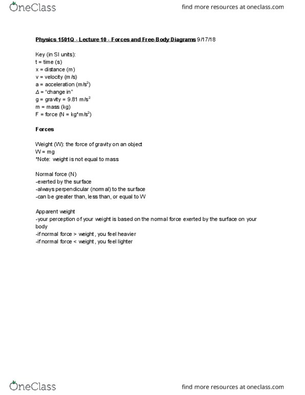 PHYS 1501Q Lecture Notes - Lecture 10: International System Of Units, Apparent Weight cover image