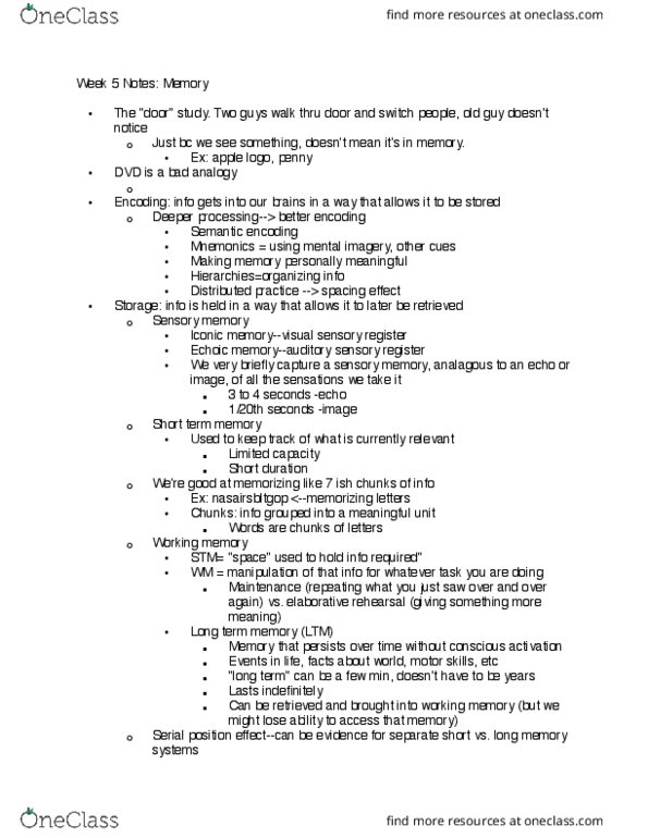 PSYCH 10 Lecture Notes - Lecture 5: False Memory, Short-Term Memory, Sensory Memory thumbnail