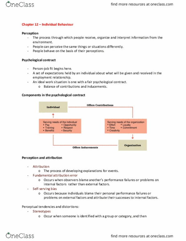 MANA 201 Lecture Notes - Lecture 12: Type A And Type B Personality Theory, Cognitive Dissonance, Psychological Contract thumbnail