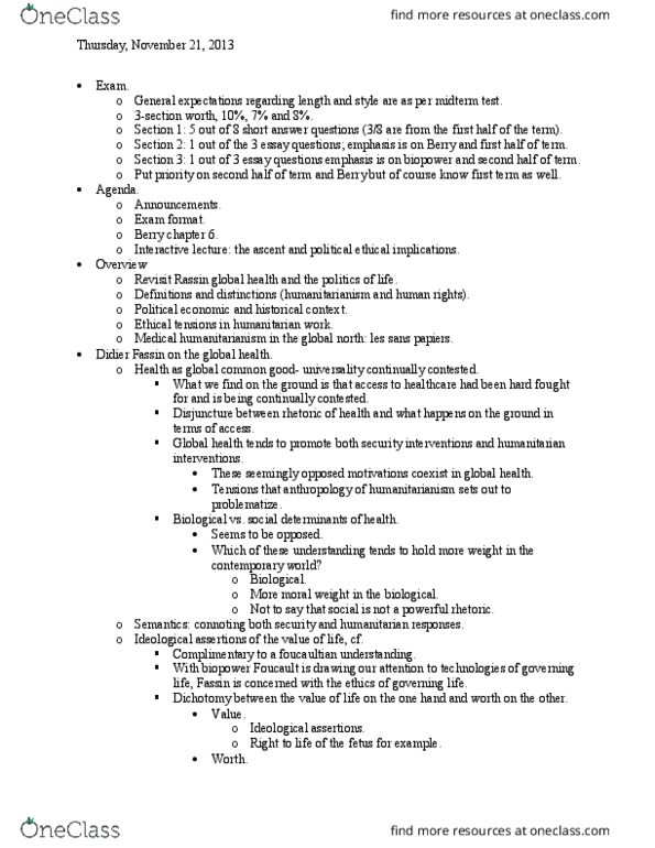 ANT348H1 Lecture Notes - Lecture 10: Humanitarian Intervention, Illegal Immigration, Biopower thumbnail
