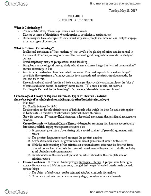 CIN240H1 Lecture Notes - Lecture 3: Matricide, Forensic Science, Cesare Beccaria thumbnail