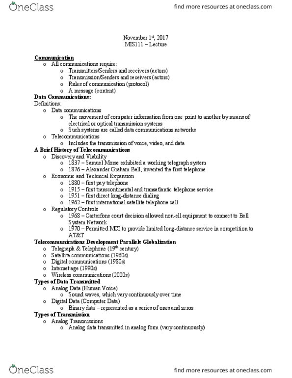 MIS 111 Lecture Notes - Lecture 18: Carterfone, Category 5 Cable, Synchronous Optical Networking thumbnail