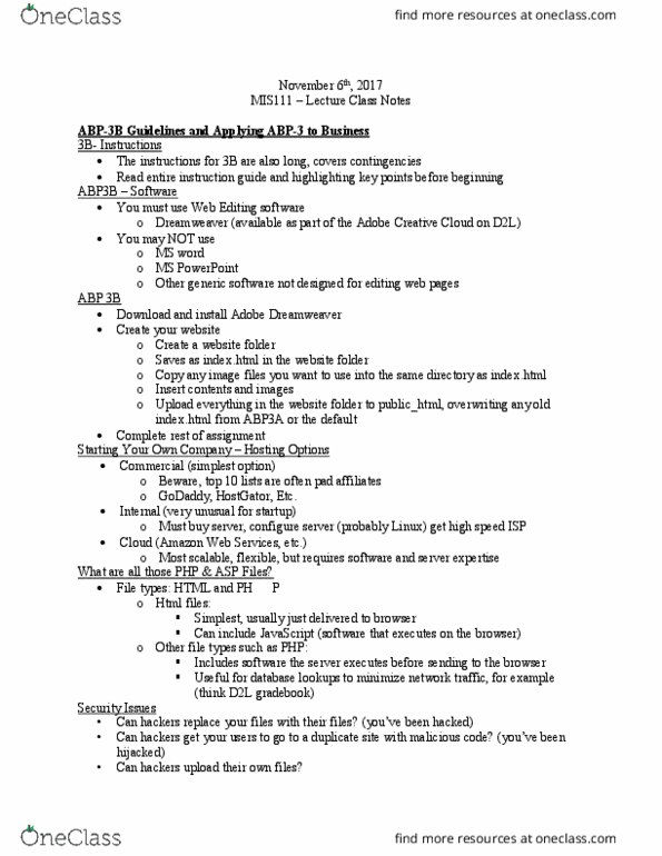 MIS 111 Lecture Notes - Lecture 20: Amazon Web Services, Microsoft Powerpoint, Hostgator thumbnail