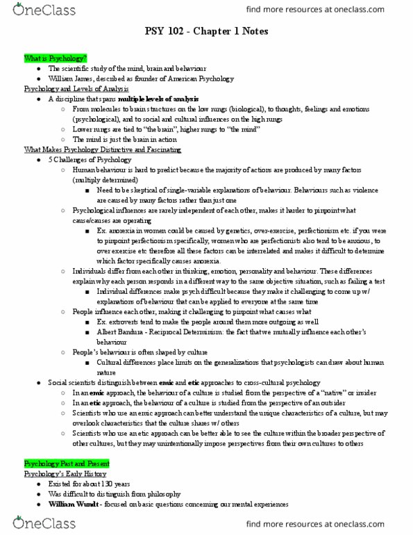 PSY 102 Chapter Notes - Chapter 1: Wilhelm Wundt, Sigmund Freud, Edward B. Titchener thumbnail