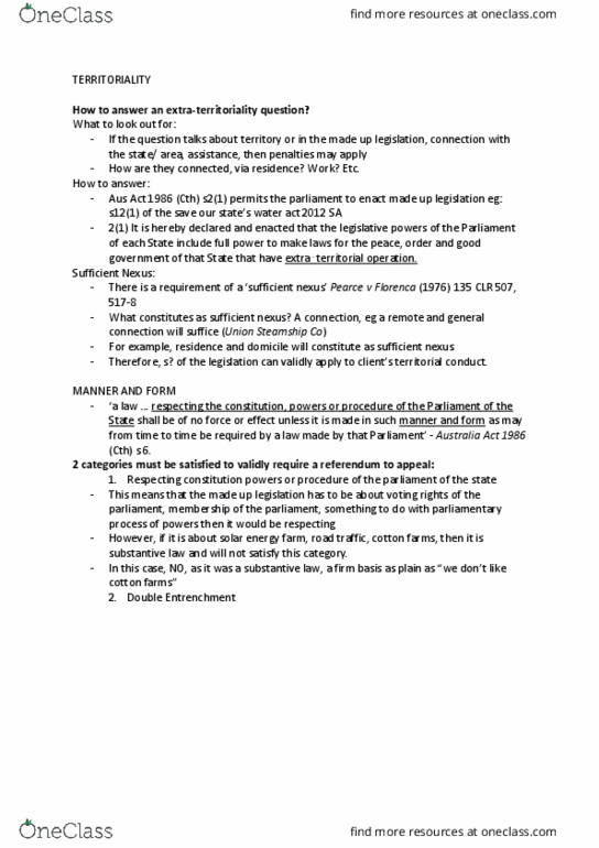 LAW 1504 Lecture Notes - Lecture 1: Australia Act 1986, Union Company, Extraterritoriality thumbnail