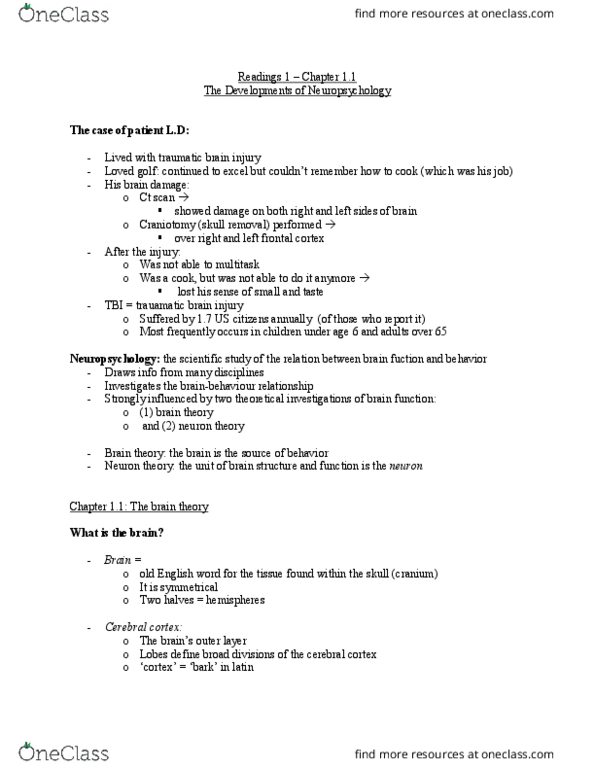 PSYCH 2NF3 Chapter Notes - Chapter 1.1: Craniotomy, Traumatic Brain Injury, Brainstem thumbnail