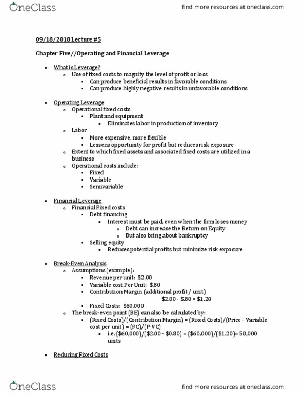BUS 320 Lecture Notes - Lecture 5: Espn Bottomline, Capital Structure, Fixed Cost thumbnail