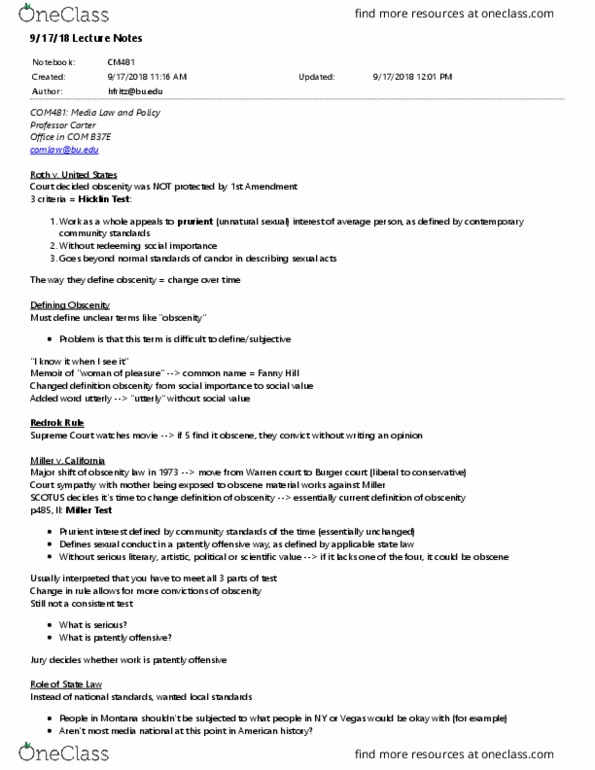 COM CM 481 Lecture Notes - Lecture 6: Statistical Hypothesis Testing, Hicklin Test, Warren Court thumbnail