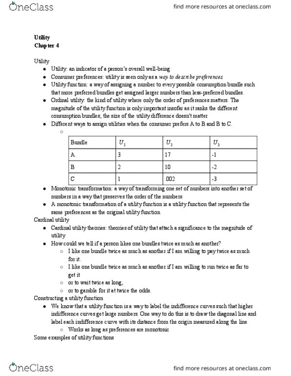 ECON 401 Chapter Notes - Chapter 4: Utility, Ordinal Utility, Level Set thumbnail