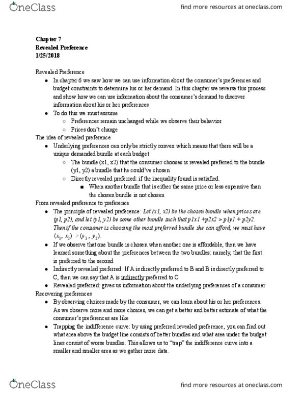 ECON 401 Chapter Notes - Chapter 7: Indifference Curve, Weighted Arithmetic Mean, Revealed Preference thumbnail