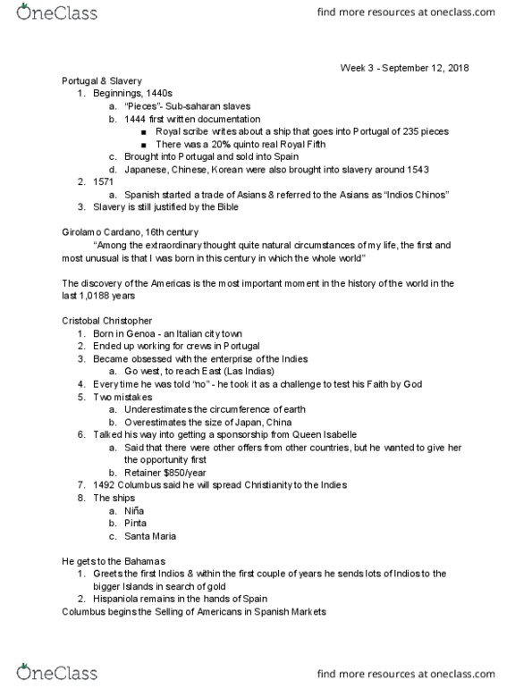 HIST 210 Lecture Notes - Lecture 7: Atlantic Slave Trade, Quinto Real, Columbian Exchange thumbnail