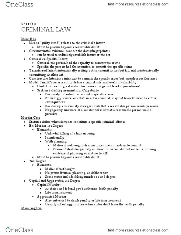 CRI 100 Lecture Notes - Lecture 5: Model Penal Code, Mens Rea, Castle Doctrine thumbnail