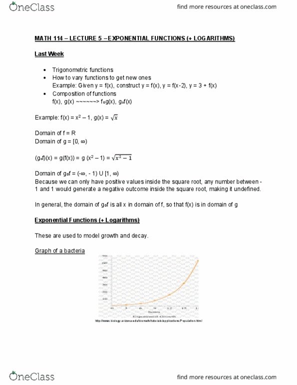 MATH114 Lecture Notes - Lecture 5: Compound Interest, Exponential Function, Logarithm thumbnail