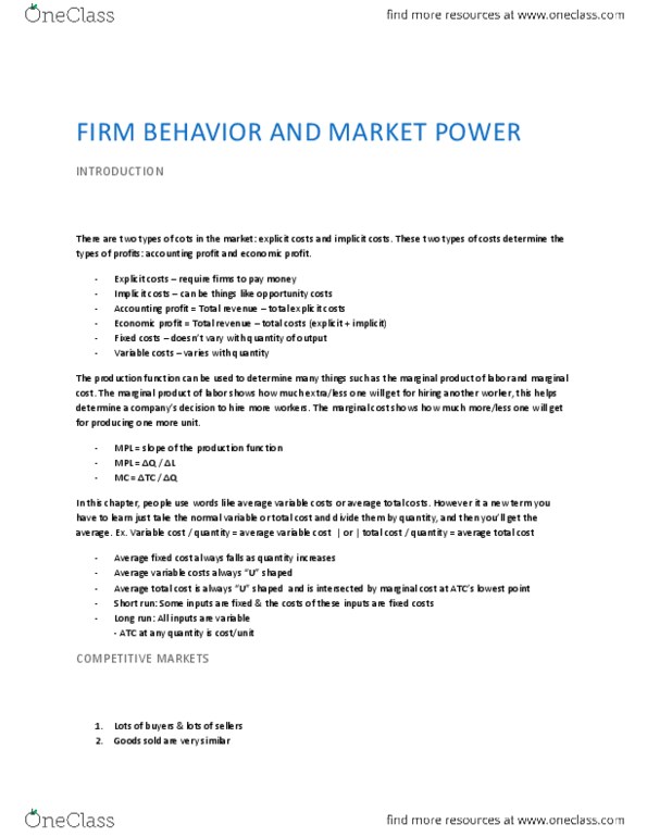 ECON101 Lecture Notes - Average Variable Cost, Average Cost, Marginal Revenue thumbnail
