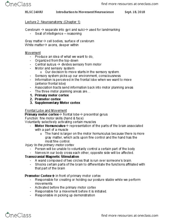 HLSC 2400U Lecture Notes - Lecture 2: Motor Learning, Frontal Lobe, Midbrain thumbnail