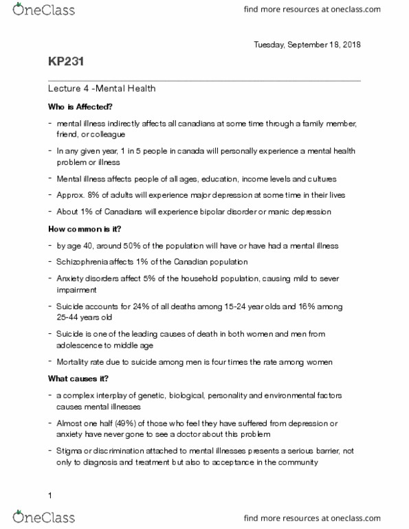 KP231 Lecture Notes - Lecture 4: Schizophrenia, Mortality Rate, Personality Disorder thumbnail