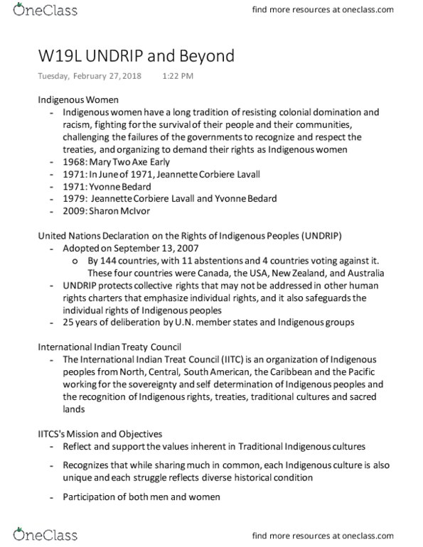 First Nations Studies 1020E Lecture Notes - Lecture 19: Indigenous Rights, International Indian Treaty Council, Deskaheh thumbnail