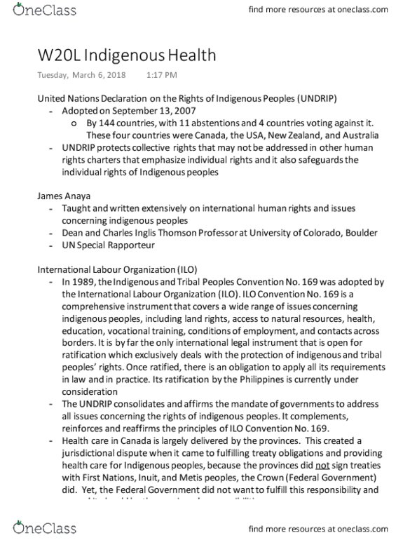 First Nations Studies 1020E Lecture Notes - Lecture 20: Indian Health Service, Energy Medicine, Indigenous And Tribal Peoples Convention, 1989 thumbnail