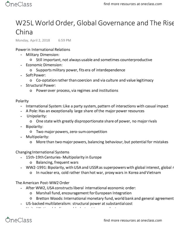 Political Science 1020E Lecture Notes - Lecture 25: Planned Economy, Richard N. Haass, Multilateralism thumbnail