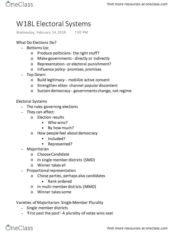 Political Science 1020E Lecture Notes - Lecture 18: Single Transferable Vote, Plurality Voting System, Proportional Representation thumbnail