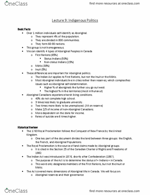 POLI 204 Lecture Notes - Lecture 9: White Paper, 1969 White Paper, Indian Act thumbnail