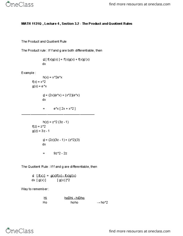 MATH 1131Q Lecture Notes - Lecture 4: Quotient Rule, Product Rule cover image