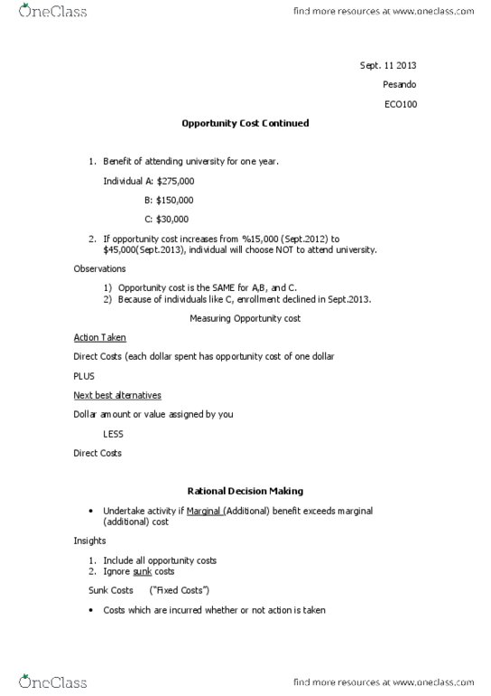 ECO100Y1 Lecture Notes - Opportunity Cost, Sunk Costs, Marginal Cost thumbnail