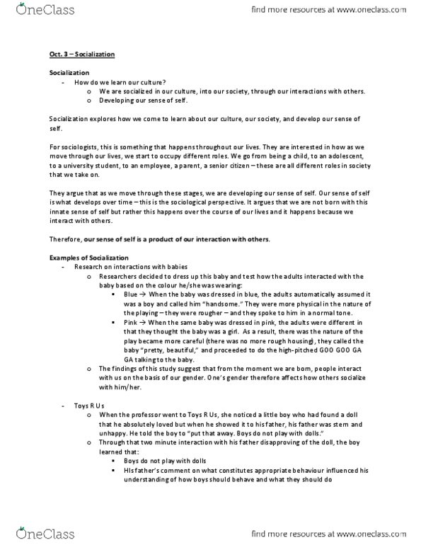 SOC100H5 Lecture Notes - Feral Child, Mass Media, Symbolic Interactionism thumbnail