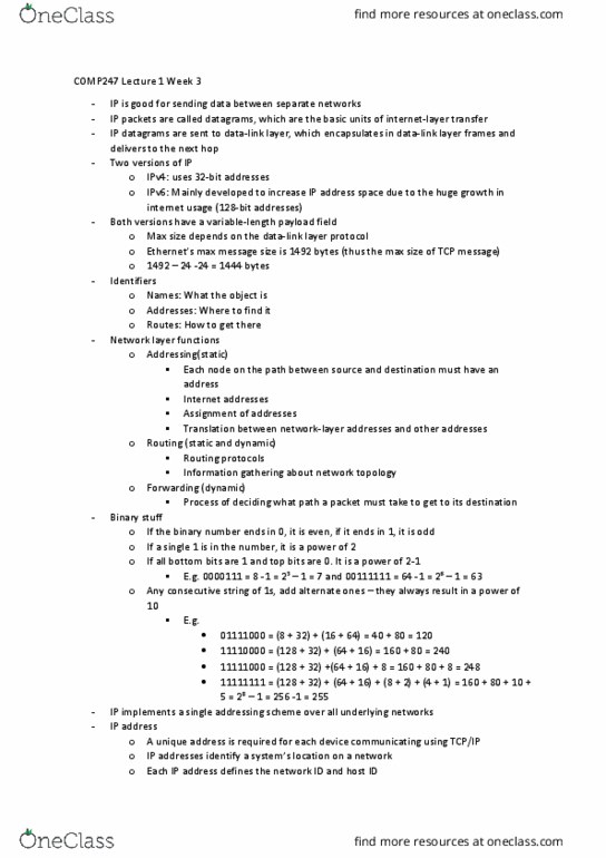 COMP247 Lecture Notes - Lecture 3: Network Layer, Binary Number, Data Link Layer thumbnail