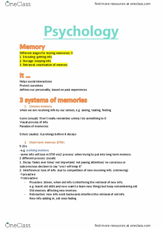 PSY1022 Lecture Notes - Lecture 1: Procedural Memory, Sensory Memory, Short-Term Memory thumbnail