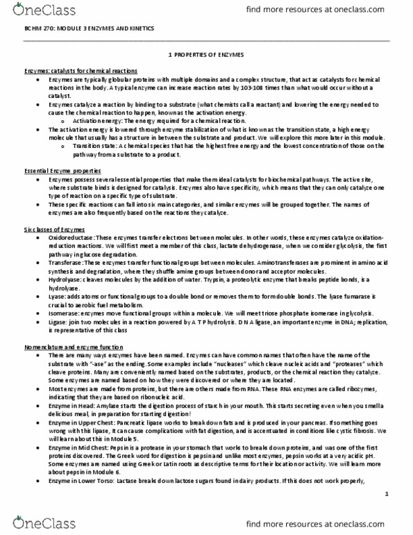 BCHM 270 Lecture Notes - Lecture 4: Pyruvic Acid, Amylase, Antigen thumbnail