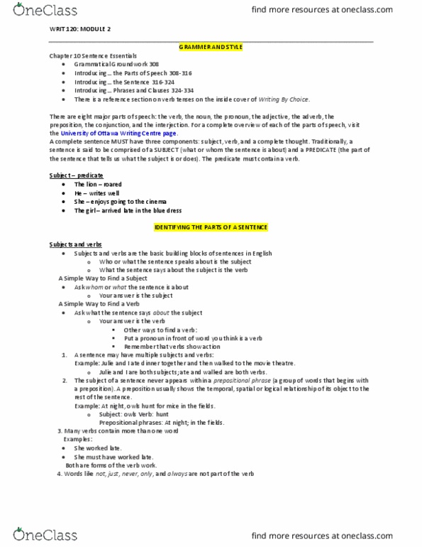 WRIT 120 Lecture Notes - Lecture 2: Independent Clause, Dependent Clause, Comma Splice thumbnail